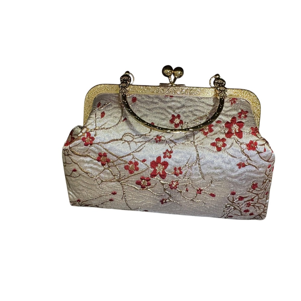Embroidered Clutch Evening Bag‎ Gold Frame Floral Red Cherry Blossom